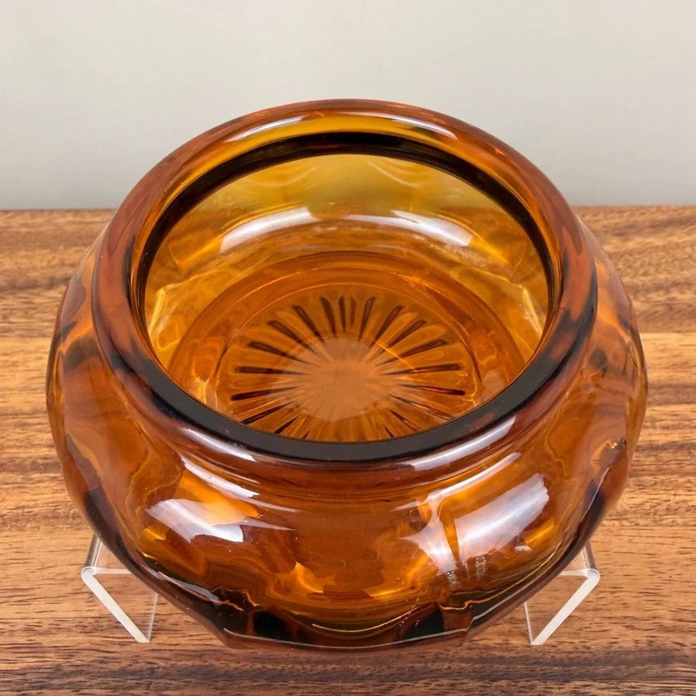 Vintage Amber Glass Powder Jar Base Sunburst Bottom Trinket Dish Honey Gold